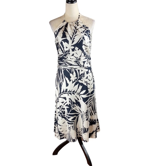 Ann Taylor Dresses & Skirts - Ann Taylor Black and Ivory Silk Halter Neck Floral Dress, Size 12